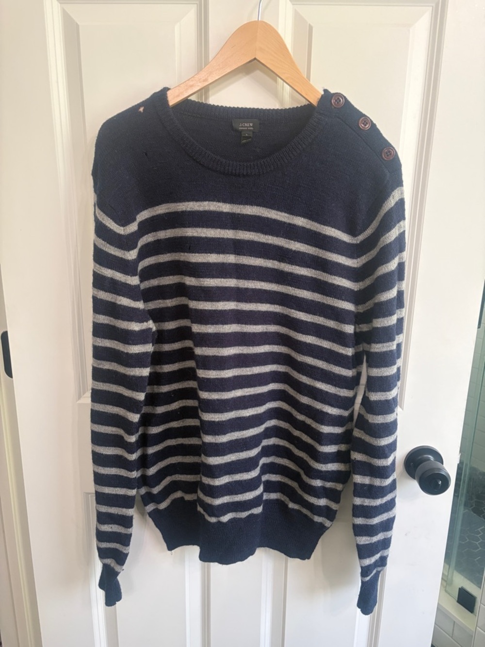 J. Crew womens Navy and White Striped merino wool Button-Shoulder Sweater.